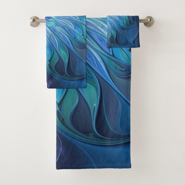 Blue Flower Fantasy Pattern, Abstract Fractal Art Bath Towel Set (Insitu)