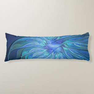 Blue Flower Fantasy Pattern, Abstract Fractal Art Body Cushion