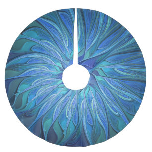 Blue Flower Fantasy Pattern, Abstract Fractal Art Brushed Polyester Tree Skirt