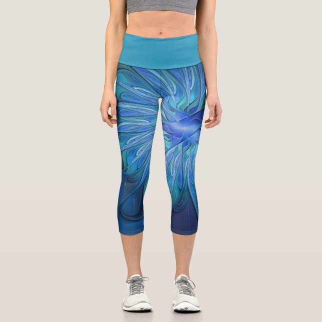 Blue Flower Fantasy Pattern, Abstract Fractal Art Capri Leggings (Front)
