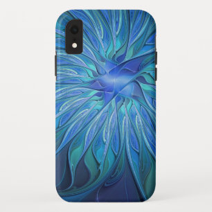 Blue Flower Fantasy Pattern, Abstract Fractal Art iPhone XR Case
