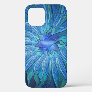 Blue Flower Fantasy Pattern, Abstract Fractal Art iPhone 12 Case