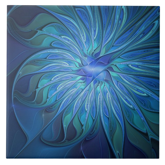 Blue Flower Fantasy Pattern, Abstract Fractal Art Ceramic Tile (Front)