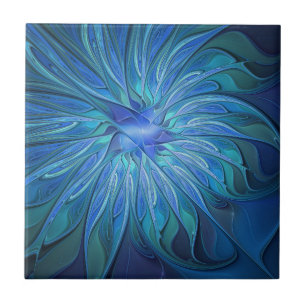 Blue Flower Fantasy Pattern, Abstract Fractal Art Ceramic Tile