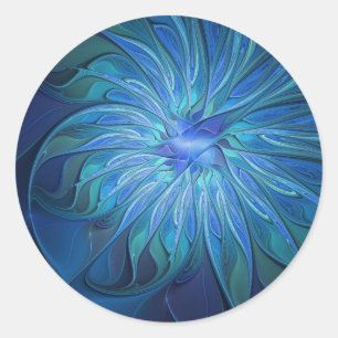 Blue Flower Fantasy Pattern, Abstract Fractal Art Classic Round Sticker