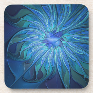 Blue Flower Fantasy Pattern, Abstract Fractal Art Coaster
