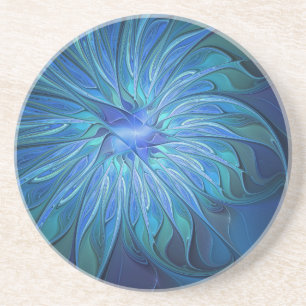 Blue Flower Fantasy Pattern, Abstract Fractal Art Coaster
