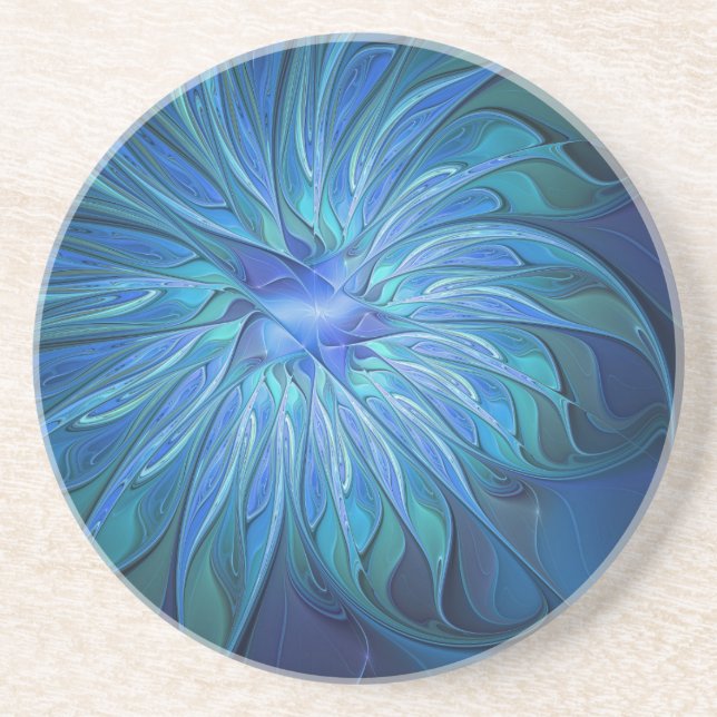 Blue Flower Fantasy Pattern, Abstract Fractal Art Coaster (Front)