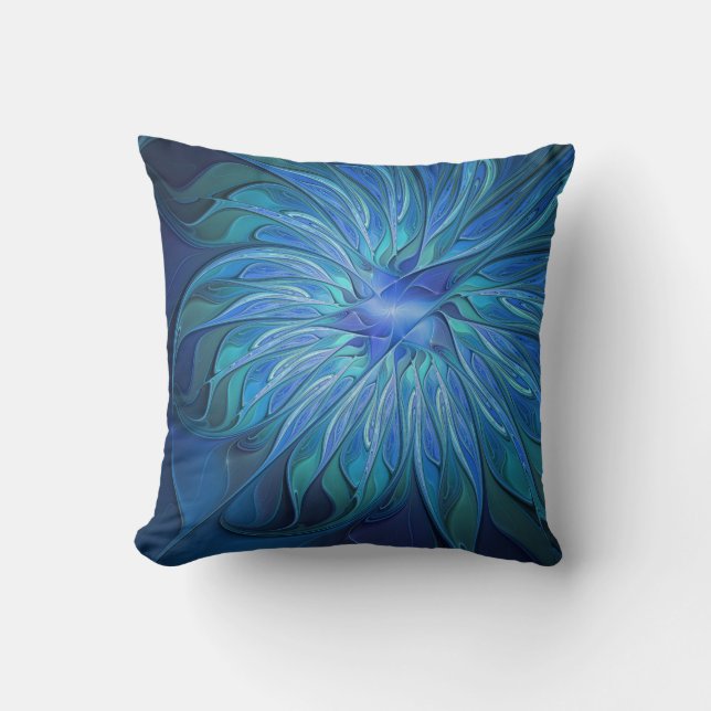 Blue Flower Fantasy Pattern, Abstract Fractal Art Cushion (Front)