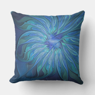 Blue Flower Fantasy Pattern, Abstract Fractal Art Cushion