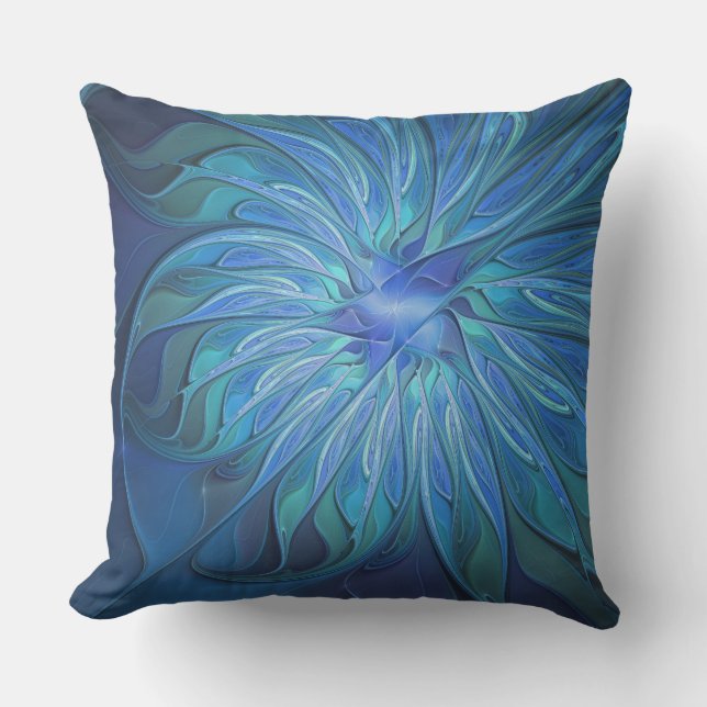 Blue Flower Fantasy Pattern, Abstract Fractal Art Cushion (Front)