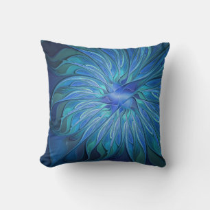 Blue Flower Fantasy Pattern, Abstract Fractal Art Cushion