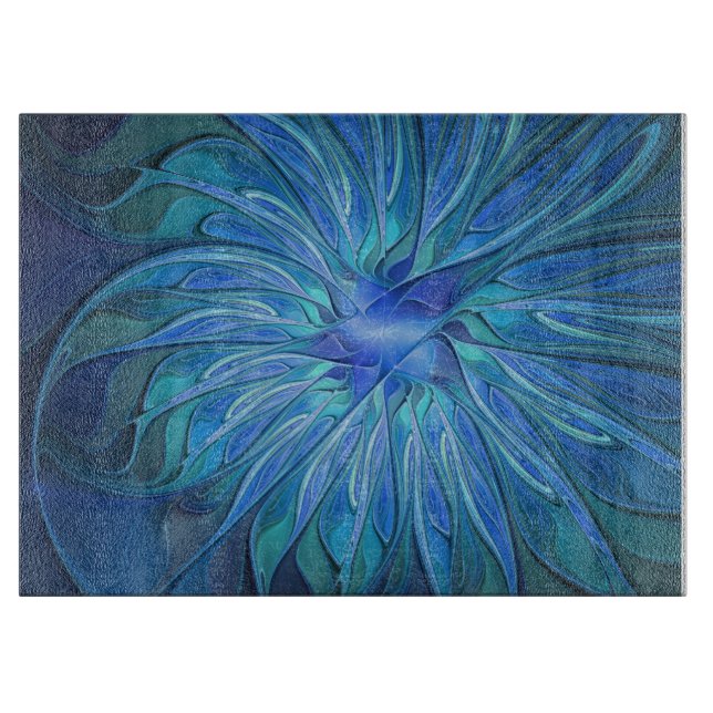 Blue Flower Fantasy Pattern, Abstract Fractal Art Cutting Board (Front)