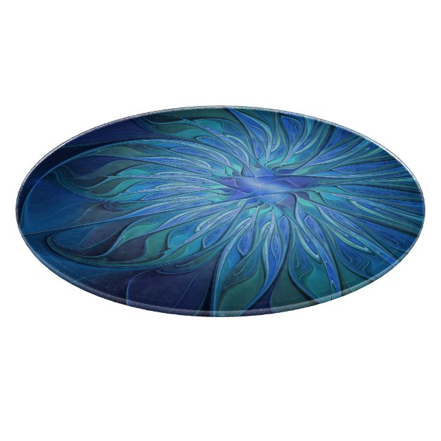 Blue Flower Fantasy Pattern, Abstract Fractal Art Cutting Board (Corner)