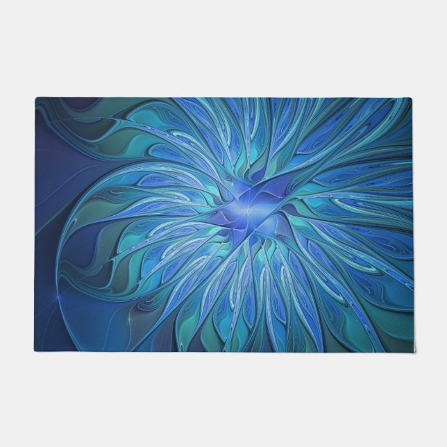 Blue Flower Fantasy Pattern, Abstract Fractal Art Doormat (Front)