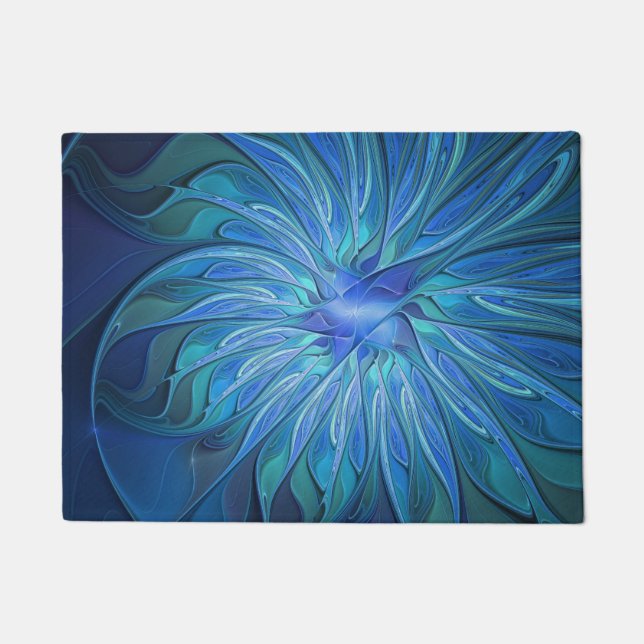 Blue Flower Fantasy Pattern, Abstract Fractal Art Doormat (Front)