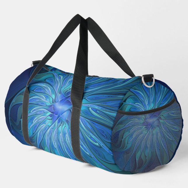 Blue Flower Fantasy Pattern, Abstract Fractal Art Duffle Bag (Right Corner)