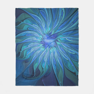 Blue Flower Fantasy Pattern, Abstract Fractal Art Fleece Blanket