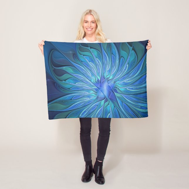 Blue Flower Fantasy Pattern, Abstract Fractal Art Fleece Blanket (In Situ)
