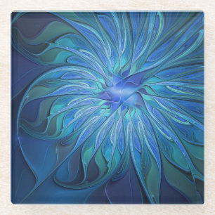 Blue Flower Fantasy Pattern, Abstract Fractal Art Glass Coaster