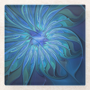 Blue Flower Fantasy Pattern, Abstract Fractal Art Glass Coaster