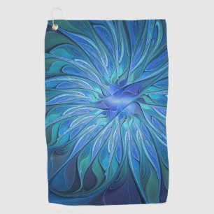 Blue Flower Fantasy Pattern, Abstract Fractal Art Golf Towel