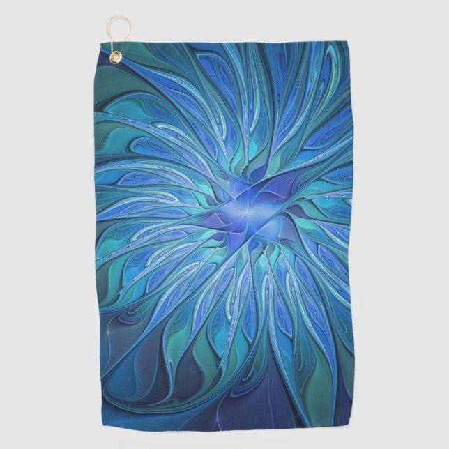 Blue Flower Fantasy Pattern, Abstract Fractal Art Golf Towel (Front)