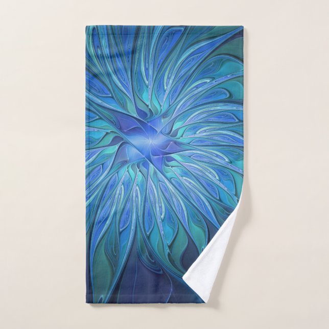 Blue Flower Fantasy Pattern, Abstract Fractal Art Hand Towel (Hand Towel)