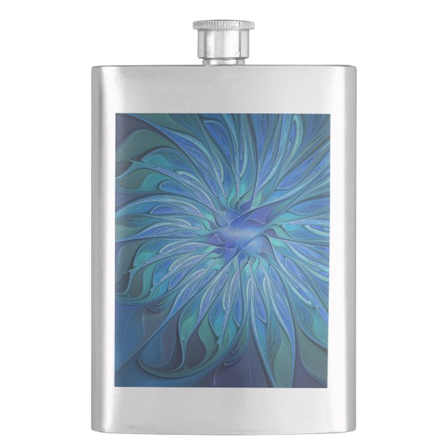 Blue Flower Fantasy Pattern, Abstract Fractal Art Hip Flask (Front)