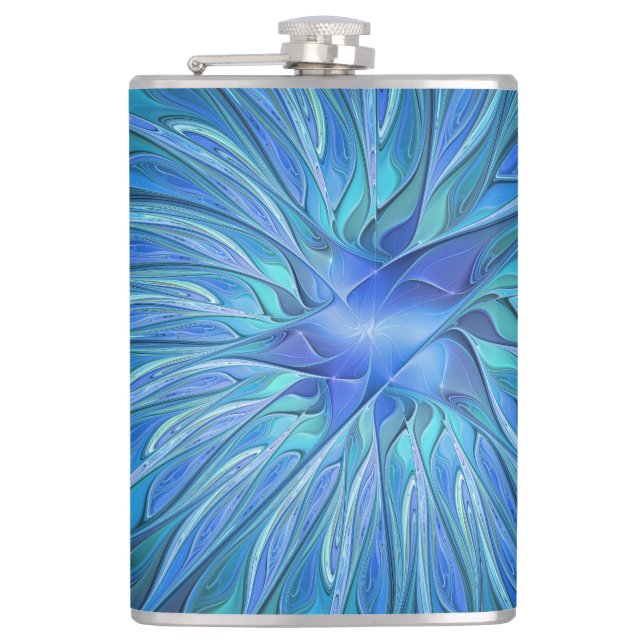 Blue Flower Fantasy Pattern, Abstract Fractal Art Hip Flask (Front)