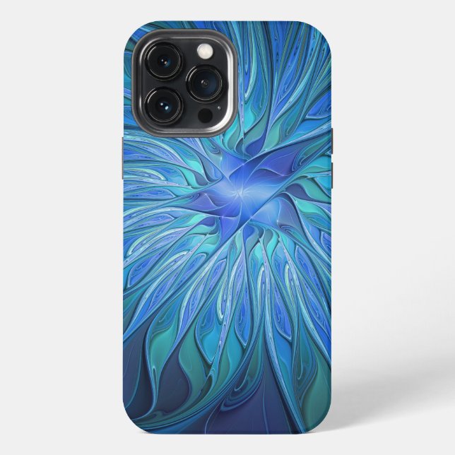 Blue Flower Fantasy Pattern, Abstract Fractal Art iPhone Case (Back)