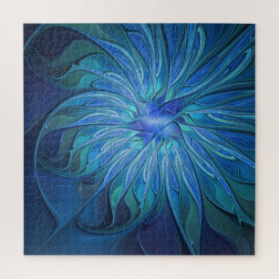 Blue Flower Fantasy Pattern, Abstract Fractal Art Jigsaw Puzzle