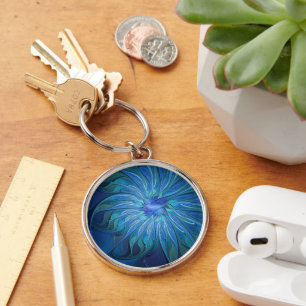 Blue Flower Fantasy Pattern, Abstract Fractal Art Key Ring