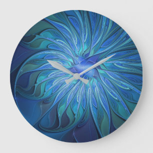 Blue Flower Fantasy Pattern, Abstract Fractal Art Large Clock