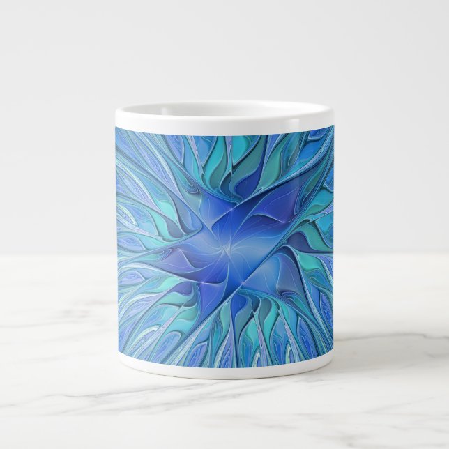 Blue Flower Fantasy Pattern, Abstract Fractal Art Large Coffee Mug (Front)