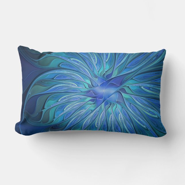 Blue Flower Fantasy Pattern, Abstract Fractal Art Lumbar Cushion (Front)