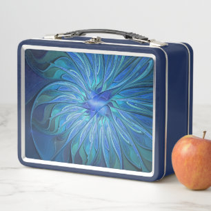 Blue Flower Fantasy Pattern, Abstract Fractal Art Metal Lunch Box