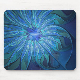 Blue Flower Fantasy Pattern, Abstract Fractal Art Mouse Pad