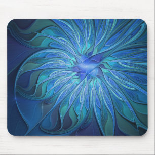 Blue Flower Fantasy Pattern, Abstract Fractal Art Mouse Pad