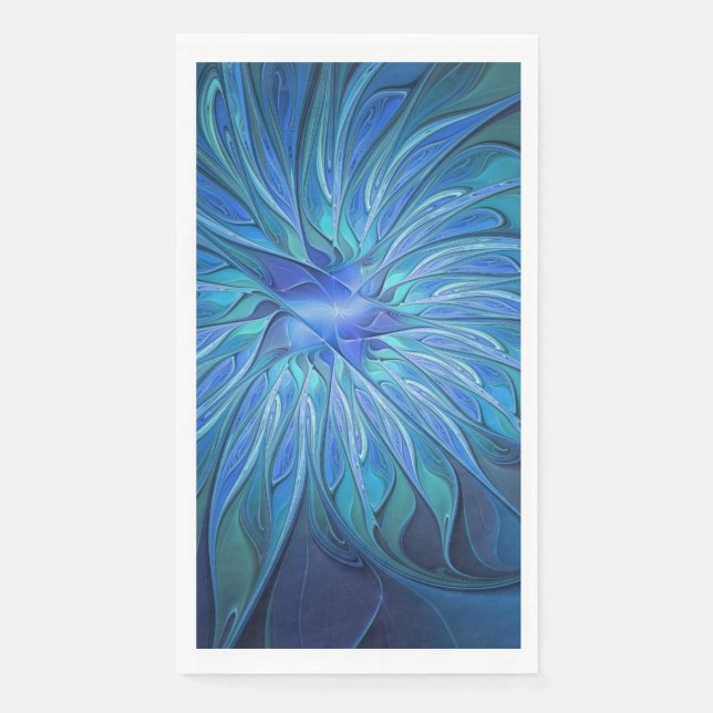 Blue Flower Fantasy Pattern, Abstract Fractal Art Napkin (Front)