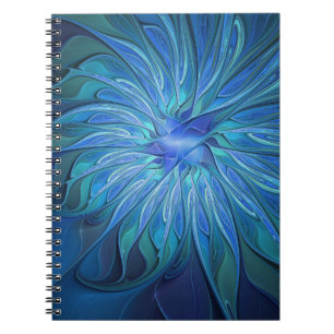 Blue Flower Fantasy Pattern, Abstract Fractal Art Notebook