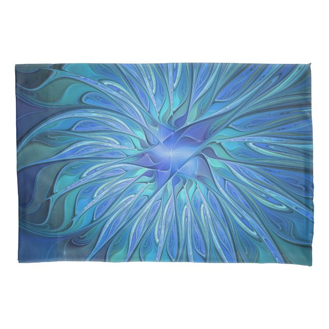 Blue Flower Fantasy Pattern, Abstract Fractal Art Pillowcase (Front)
