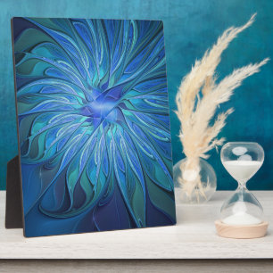Blue Flower Fantasy Pattern, Abstract Fractal Art Plaque