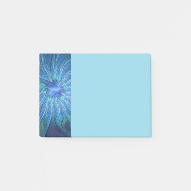 Blue Flower Fantasy Pattern, Abstract Fractal Art Post-it Notes (Front)
