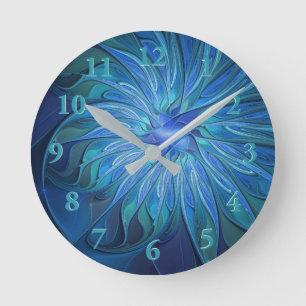 Blue Flower Fantasy Pattern, Abstract Fractal Art Round Clock
