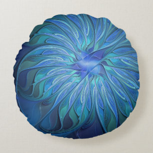 Blue Flower Fantasy Pattern, Abstract Fractal Art Round Cushion