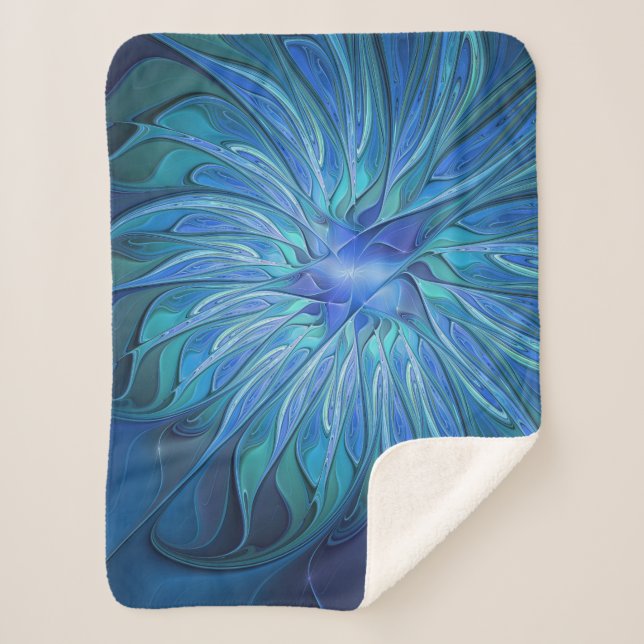 Blue Flower Fantasy Pattern, Abstract Fractal Art Sherpa Blanket (Front)