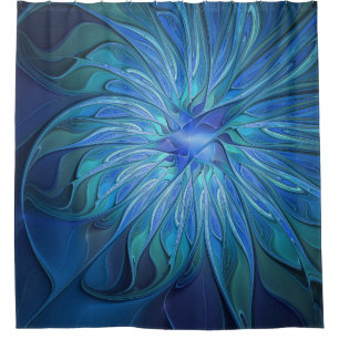 Blue Flower Fantasy Pattern, Abstract Fractal Art Shower Curtain