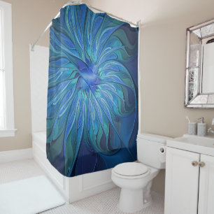 Blue Flower Fantasy Pattern, Abstract Fractal Art Shower Curtain