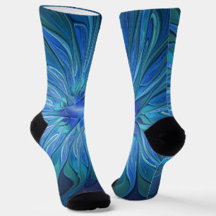 Blue Flower Fantasy Pattern, Abstract Fractal Art Socks